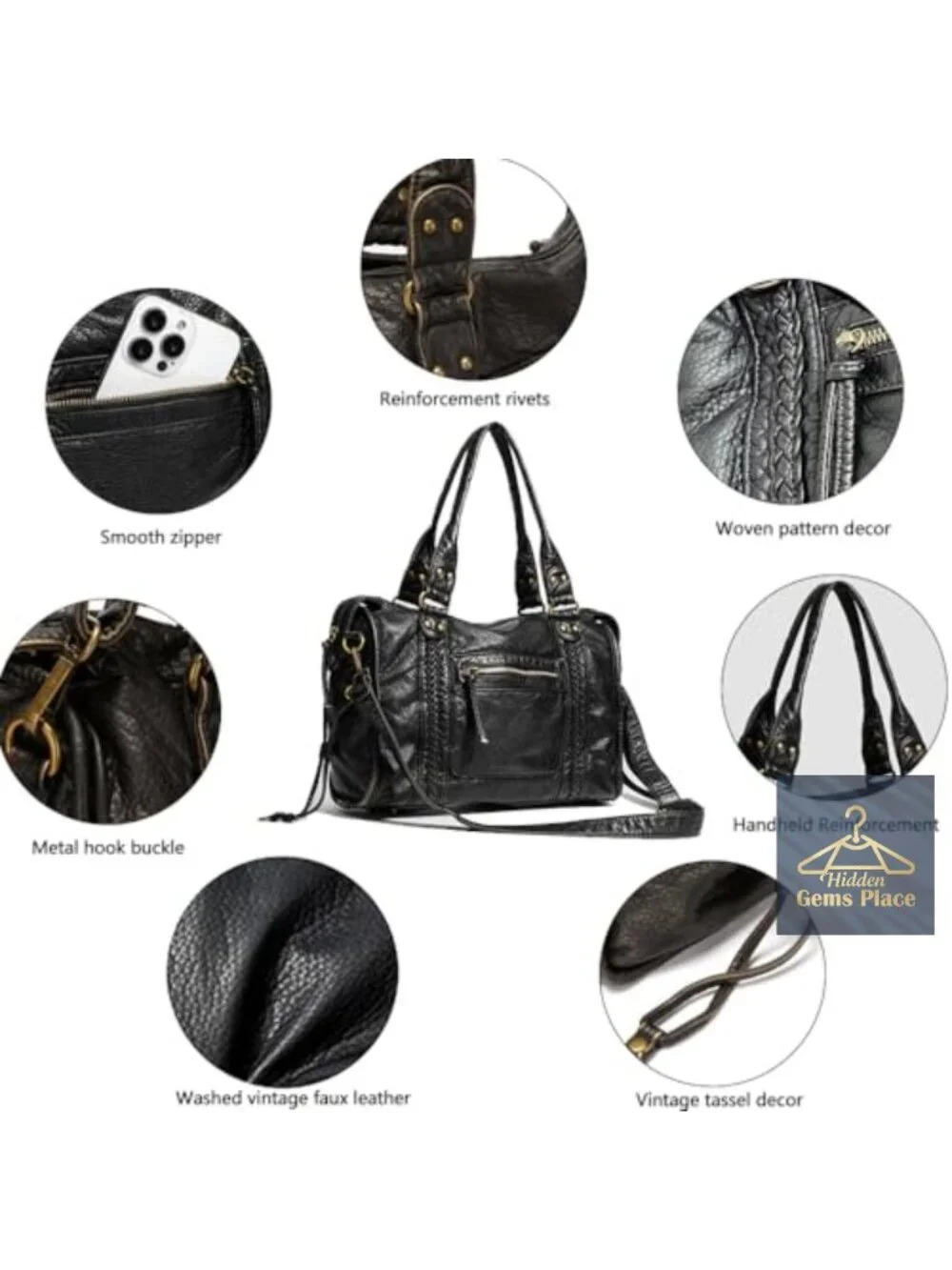 Washed Vegan Leather Hobo Tote Bag with Removable Straps